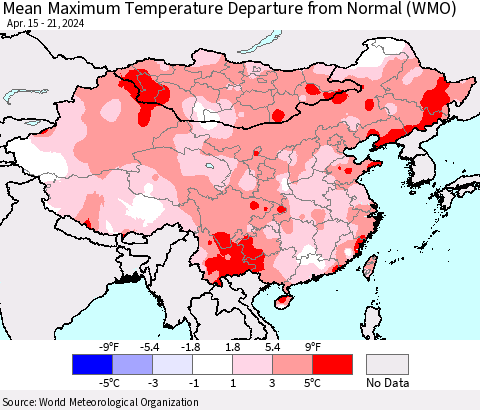 China, Mongolia and Taiwan Mean Maximum Temperature Departure from Normal (WMO) Thematic Map For 4/15/2024 - 4/21/2024