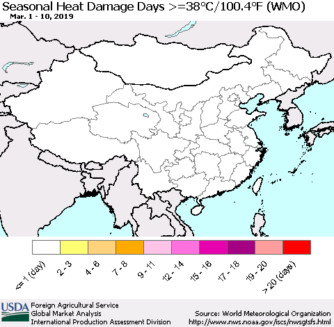 China, Mongolia and Taiwan Seasonal Heat Damage Days >=38°C/100°F (WMO) Thematic Map For 3/1/2019 - 3/10/2019