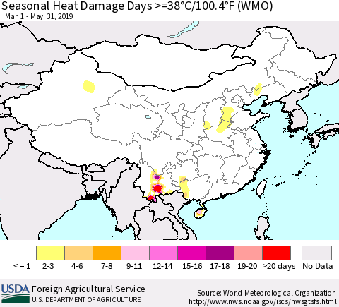 China, Mongolia and Taiwan Seasonal Heat Damage Days >=38°C/100°F (WMO) Thematic Map For 3/1/2019 - 5/31/2019