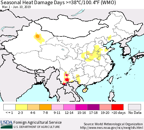 China, Mongolia and Taiwan Seasonal Heat Damage Days >=38°C/100°F (WMO) Thematic Map For 3/1/2019 - 6/10/2019