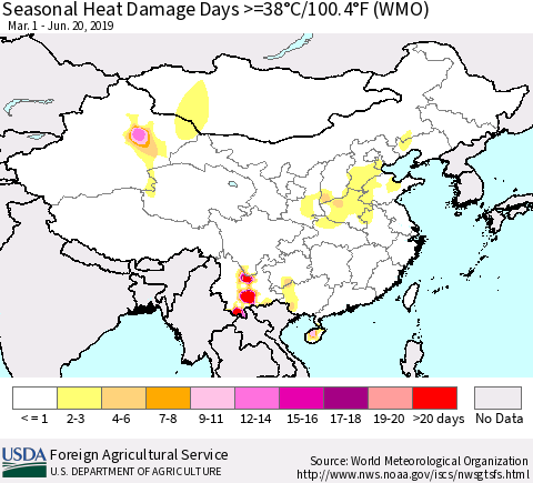 China and Taiwan Seasonal Heat Damage Days >=38°C/100.4°F (WMO) Thematic Map For 3/1/2019 - 6/20/2019
