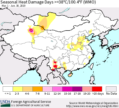 China and Taiwan Seasonal Heat Damage Days >=38°C/100.4°F (WMO) Thematic Map For 3/1/2019 - 6/30/2019