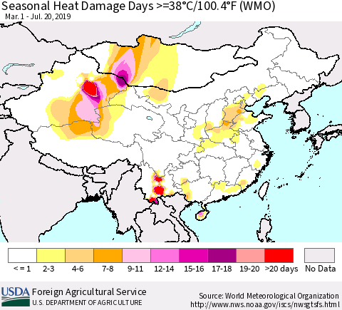 China and Taiwan Seasonal Heat Damage Days >=38°C/100.4°F (WMO) Thematic Map For 3/1/2019 - 7/20/2019