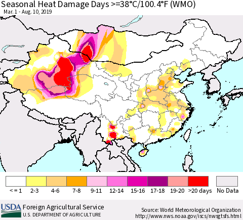 China, Mongolia and Taiwan Seasonal Heat Damage Days >=38°C/100°F (WMO) Thematic Map For 3/1/2019 - 8/10/2019