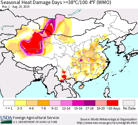 China and Taiwan Seasonal Heat Damage Days >=38°C/100.4°F (WMO) Thematic Map For 3/1/2019 - 8/20/2019