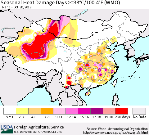 China, Mongolia and Taiwan Seasonal Heat Damage Days >=38°C/100°F (WMO) Thematic Map For 3/1/2019 - 10/20/2019