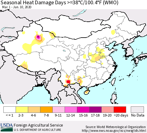 China and Taiwan Seasonal Heat Damage Days >=38°C/100.4°F (WMO) Thematic Map For 3/1/2020 - 6/10/2020