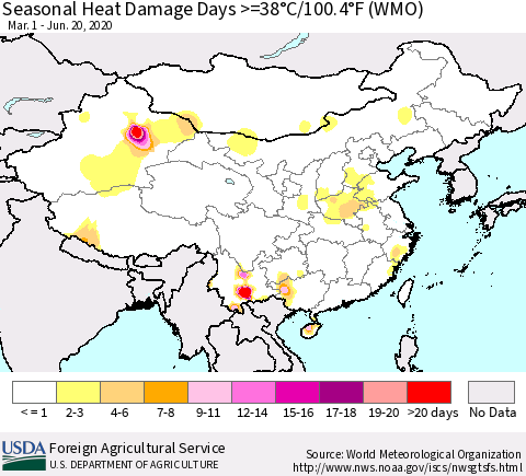 China and Taiwan Seasonal Heat Damage Days >=38°C/100.4°F (WMO) Thematic Map For 3/1/2020 - 6/20/2020