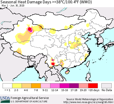 China and Taiwan Seasonal Heat Damage Days >=38°C/100.4°F (WMO) Thematic Map For 3/1/2020 - 6/30/2020
