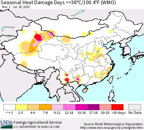 China, Mongolia and Taiwan Seasonal Heat Damage Days >=38°C/100°F (WMO) Thematic Map For 3/1/2020 - 7/20/2020