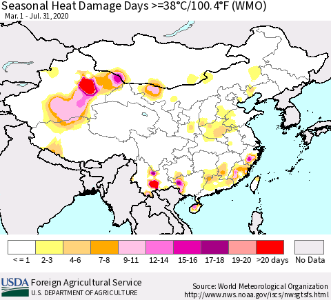China and Taiwan Seasonal Heat Damage Days >=38°C/100.4°F (WMO) Thematic Map For 3/1/2020 - 7/31/2020