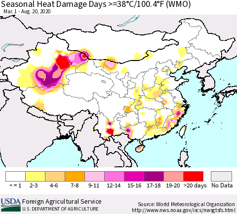 China, Mongolia and Taiwan Seasonal Heat Damage Days >=38°C/100°F (WMO) Thematic Map For 3/1/2020 - 8/20/2020