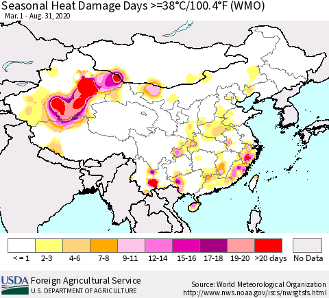 China and Taiwan Seasonal Heat Damage Days >=38°C/100.4°F (WMO) Thematic Map For 3/1/2020 - 8/31/2020