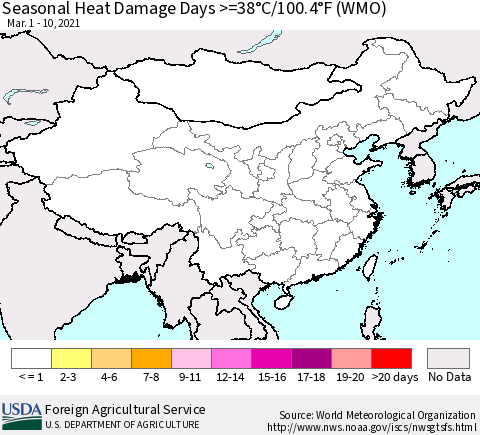 China, Mongolia and Taiwan Seasonal Heat Damage Days >=38°C/100°F (WMO) Thematic Map For 3/1/2021 - 3/10/2021