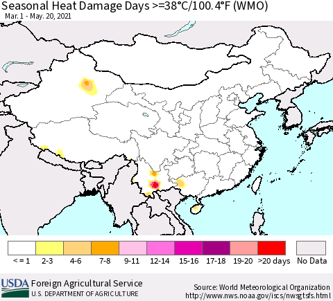 China, Mongolia and Taiwan Seasonal Heat Damage Days >=38°C/100°F (WMO) Thematic Map For 3/1/2021 - 5/20/2021