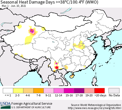 China, Mongolia and Taiwan Seasonal Heat Damage Days >=38°C/100°F (WMO) Thematic Map For 3/1/2021 - 6/10/2021