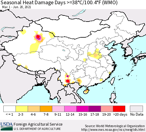 China, Mongolia and Taiwan Seasonal Heat Damage Days >=38°C/100°F (WMO) Thematic Map For 3/1/2021 - 6/20/2021