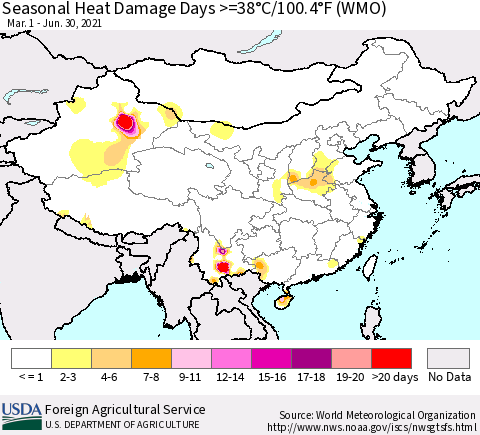 China, Mongolia and Taiwan Seasonal Heat Damage Days >=38°C/100°F (WMO) Thematic Map For 3/1/2021 - 6/30/2021