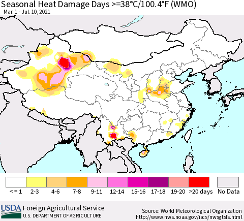 China, Mongolia and Taiwan Seasonal Heat Damage Days >=38°C/100°F (WMO) Thematic Map For 3/1/2021 - 7/10/2021
