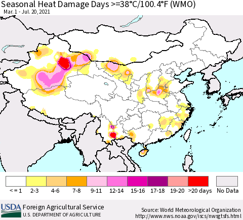China, Mongolia and Taiwan Seasonal Heat Damage Days >=38°C/100°F (WMO) Thematic Map For 3/1/2021 - 7/20/2021