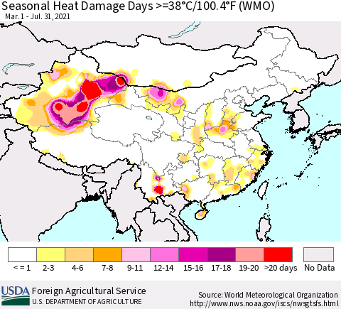 China, Mongolia and Taiwan Seasonal Heat Damage Days >=38°C/100°F (WMO) Thematic Map For 3/1/2021 - 7/31/2021