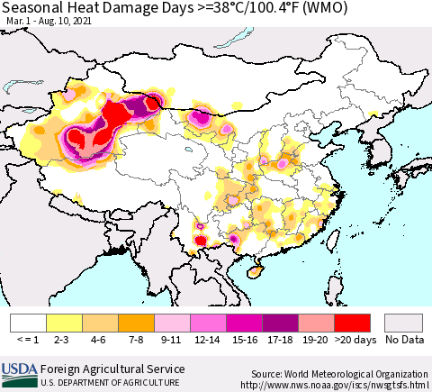 China, Mongolia and Taiwan Seasonal Heat Damage Days >=38°C/100°F (WMO) Thematic Map For 3/1/2021 - 8/10/2021