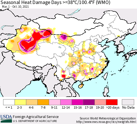 China, Mongolia and Taiwan Seasonal Heat Damage Days >=38°C/100°F (WMO) Thematic Map For 3/1/2021 - 10/10/2021