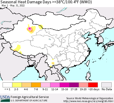 China, Mongolia and Taiwan Seasonal Heat Damage Days >=38°C/100°F (WMO) Thematic Map For 3/1/2022 - 5/31/2022