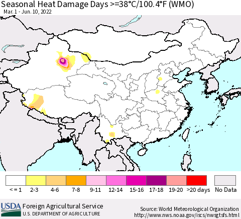 China, Mongolia and Taiwan Seasonal Heat Damage Days >=38°C/100°F (WMO) Thematic Map For 3/1/2022 - 6/10/2022