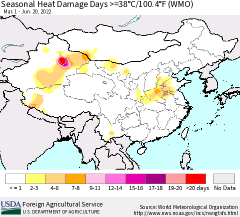 China, Mongolia and Taiwan Seasonal Heat Damage Days >=38°C/100°F (WMO) Thematic Map For 3/1/2022 - 6/20/2022
