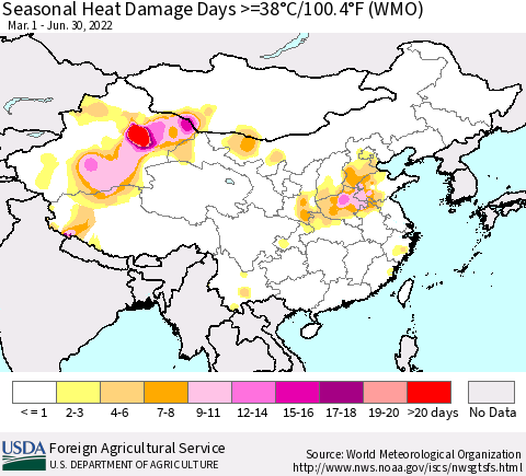 China, Mongolia and Taiwan Seasonal Heat Damage Days >=38°C/100°F (WMO) Thematic Map For 3/1/2022 - 6/30/2022