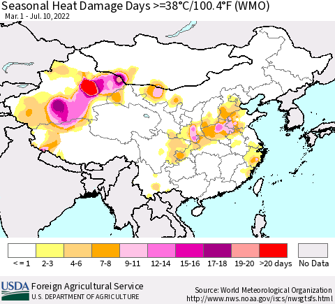 China, Mongolia and Taiwan Seasonal Heat Damage Days >=38°C/100°F (WMO) Thematic Map For 3/1/2022 - 7/10/2022