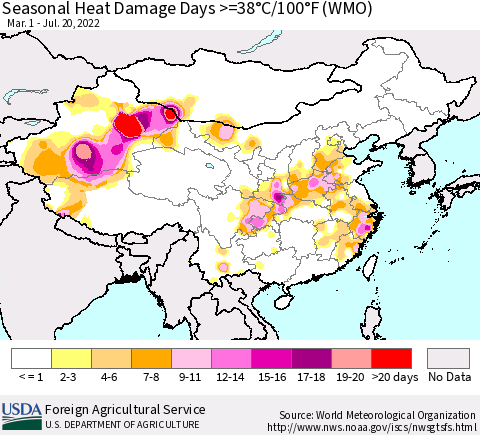 China, Mongolia and Taiwan Seasonal Heat Damage Days >=38°C/100°F (WMO) Thematic Map For 3/1/2022 - 7/20/2022