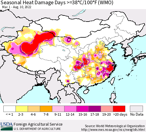 China, Mongolia and Taiwan Seasonal Heat Damage Days >=38°C/100°F (WMO) Thematic Map For 3/1/2022 - 8/10/2022