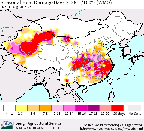 China, Mongolia and Taiwan Seasonal Heat Damage Days >=38°C/100°F (WMO) Thematic Map For 3/1/2022 - 8/20/2022