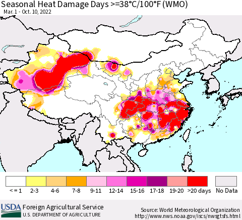 China, Mongolia and Taiwan Seasonal Heat Damage Days >=38°C/100°F (WMO) Thematic Map For 3/1/2022 - 10/10/2022