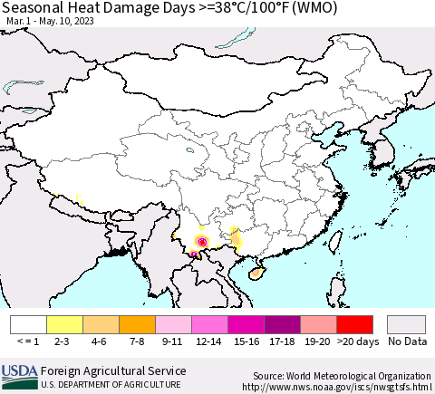 China, Mongolia and Taiwan Seasonal Heat Damage Days >=38°C/100°F (WMO) Thematic Map For 3/1/2023 - 5/10/2023