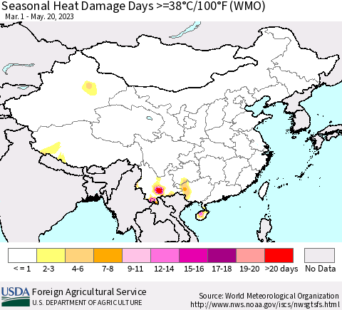 China, Mongolia and Taiwan Seasonal Heat Damage Days >=38°C/100°F (WMO) Thematic Map For 3/1/2023 - 5/20/2023