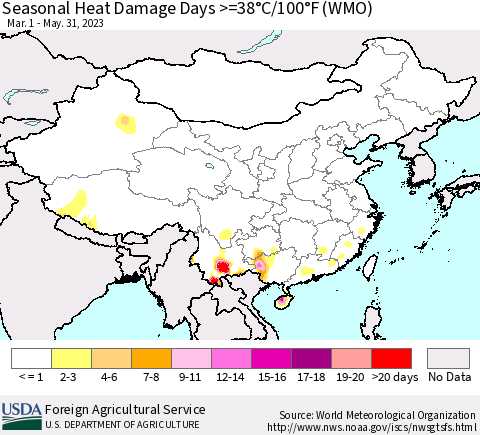 China, Mongolia and Taiwan Seasonal Heat Damage Days >=38°C/100°F (WMO) Thematic Map For 3/1/2023 - 5/31/2023