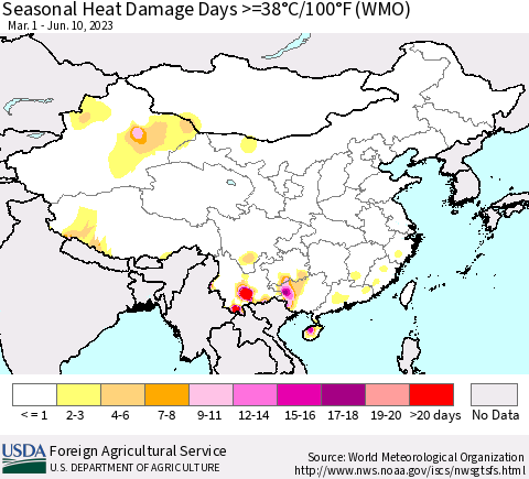 China, Mongolia and Taiwan Seasonal Heat Damage Days >=38°C/100°F (WMO) Thematic Map For 3/1/2023 - 6/10/2023
