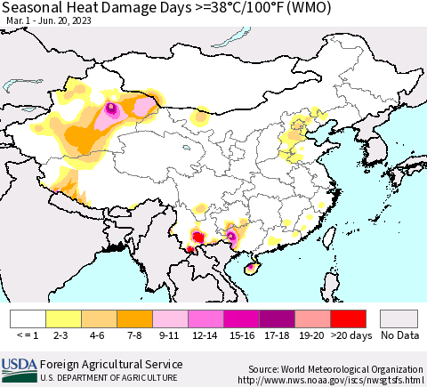 China, Mongolia and Taiwan Seasonal Heat Damage Days >=38°C/100°F (WMO) Thematic Map For 3/1/2023 - 6/20/2023