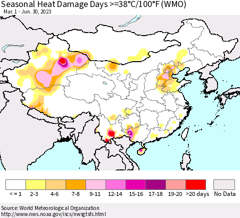 China, Mongolia and Taiwan Seasonal Heat Damage Days >=38°C/100°F (WMO) Thematic Map For 3/1/2023 - 6/30/2023