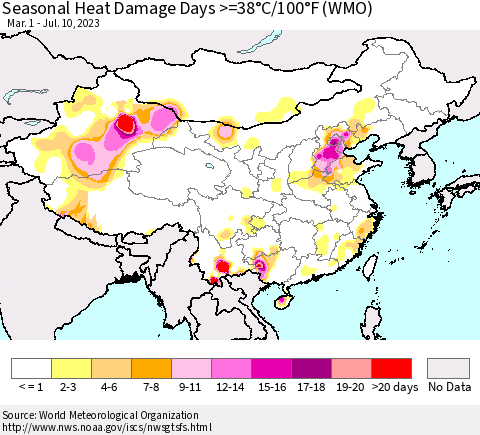 China, Mongolia and Taiwan Seasonal Heat Damage Days >=38°C/100°F (WMO) Thematic Map For 3/1/2023 - 7/10/2023