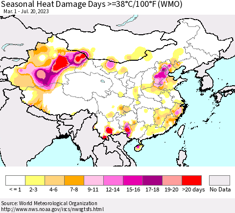China, Mongolia and Taiwan Seasonal Heat Damage Days >=38°C/100°F (WMO) Thematic Map For 3/1/2023 - 7/20/2023