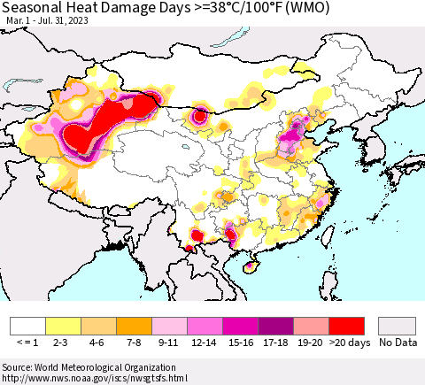 China, Mongolia and Taiwan Seasonal Heat Damage Days >=38°C/100°F (WMO) Thematic Map For 3/1/2023 - 7/31/2023