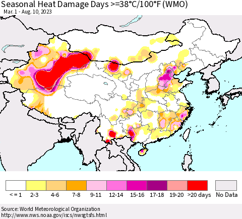 China, Mongolia and Taiwan Seasonal Heat Damage Days >=38°C/100°F (WMO) Thematic Map For 3/1/2023 - 8/10/2023