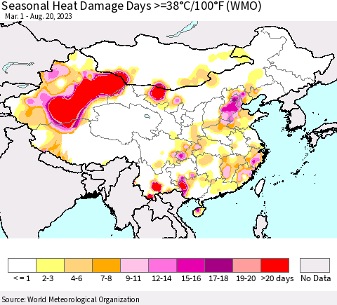 China, Mongolia and Taiwan Seasonal Heat Damage Days >=38°C/100°F (WMO) Thematic Map For 3/1/2023 - 8/20/2023