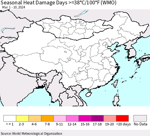 China, Mongolia and Taiwan Seasonal Heat Damage Days >=38°C/100°F (WMO) Thematic Map For 3/1/2024 - 3/10/2024