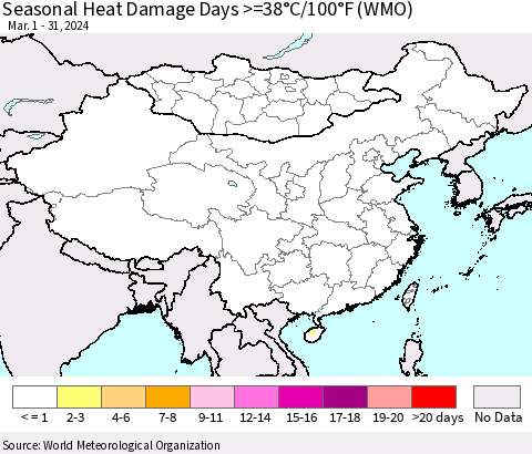 China, Mongolia and Taiwan Seasonal Heat Damage Days >=38°C/100°F (WMO) Thematic Map For 3/1/2024 - 3/31/2024