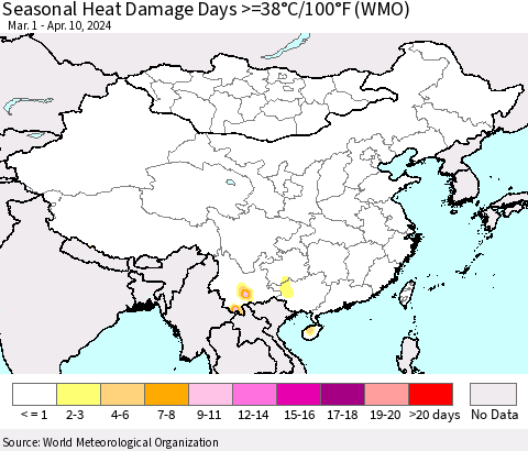 China, Mongolia and Taiwan Seasonal Heat Damage Days >=38°C/100°F (WMO) Thematic Map For 3/1/2024 - 4/10/2024